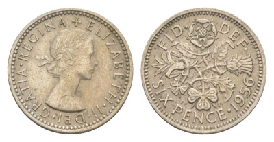 Великобритания 6 пенсов 1956 Елизавета II (1952-2022) KM 903, Spink 4149 медно-никель 4630-1029