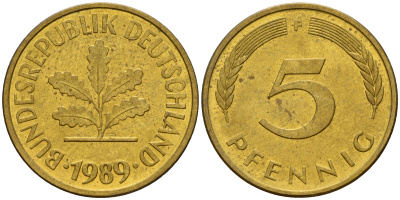 ФРГ 5 пфеннигов 1989 F J.382, KM 107 сталь плакированная латунью    4598-1061