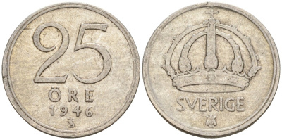 Швеция 25 эре 1946 TS, Густав V (1907-1950) KM 816 серебро 4147-966