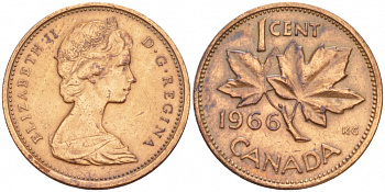 Канада 1 цент 1966 Елизавета II (1952-2022), кленовый лист KM 59.1 бронза 4547-1112