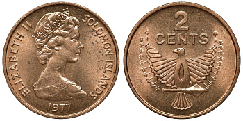 Соломоновы острова 2 цента 1977 птица KM 2 бронза aUNC 4118-342