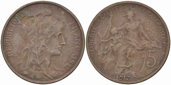 ФРАНЦИЯ 5 САНТИМОВ 1917 ТИП ДАНИЭЛЬ ДЮПЮИ KM 842, LE FRANC 119.30 бронза 108-1023