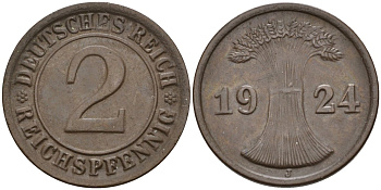 Германия 2 рейхспфеннига 1924 J KM 38, J.314, Weege 4 медь 4584-653