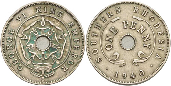 Британская Южная Родезия 1 пенни 1940 Георг VI (1936-1952) KM 8 медно-никель 180-1134
