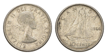 Канада 10 центов 1960 Елизавета II (1952-2022), парусник KM 51 серебро 4623-927