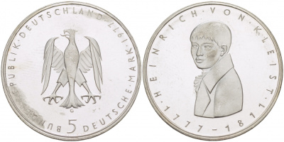 ФРГ 5 марок 1977 G, 200 лет со дня рождения Генриха фон Клейста KM 146, J. 421 серебро PROOF 650-1325