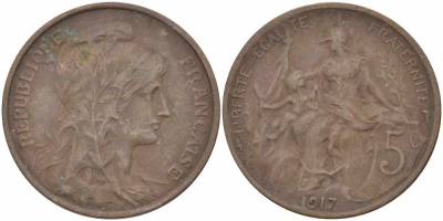 ФРАНЦИЯ 5 САНТИМОВ 1917 ТИП ДАНИЭЛЬ ДЮПЮИ KM 842, LE FRANC 119.30 бронза 108-1023