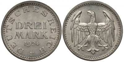 Германия 3 марки 1924 F, Веймарская Республика, цена по каталогу MT 200 евро J. 312, KM 43 серебро  UNC  00-803-54