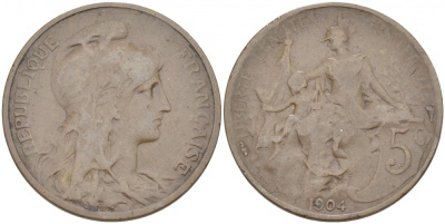 ФРАНЦИЯ 5 САНТИМОВ 1904 ТИП ДАНИЭЛЬ ДЮПЮИ KM 842, LE FRANC 119.14 бронза 77-245