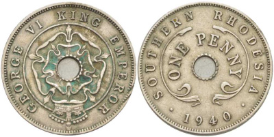 Британская Южная Родезия 1 пенни 1940 Георг VI (1936-1952) KM 8 медно-никель 180-1134