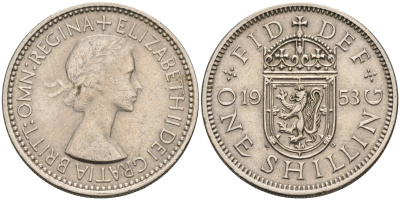 Великобритания 1 шиллинг 1953 Елизавета II (1952-2022), Шотландский герб KM 891, Spink 4140 медно-никель    4150-511