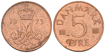 Дания 5 эре 1973 S; B, Маргрете II (1972- ) KM 859.1 железо плакированное медью 54-1038