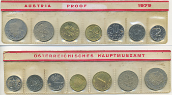 Австрия набор из 7 монет  1979  2, 5, 10, 50 грошей, 1, 5, 10 шиллингов, в целлофане KM PS 39 PROOF 4399-8-1