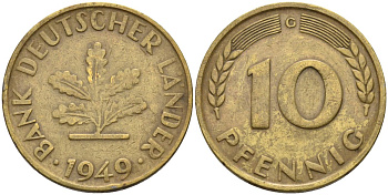 ФРГ 10 пфеннигов 1949 G KM 103, J. 378 сталь плакированная латунью 4586-633
