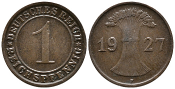 ГЕРМАНИЯ 1 РЕЙХСПФЕННИГ 1927 F KM 37, J. 313 бронза 39-954
