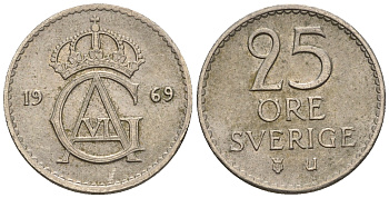 Швеция 25 эре 1969 Густав VI Адольф (1950-1973) KM 836 медно-никель 4609-1069