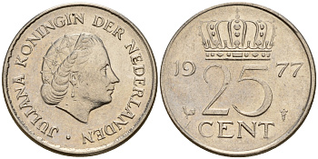 Нидерланды 25 центов 1977 Юлиана (1948-1980) KM 183 никель  4598-521