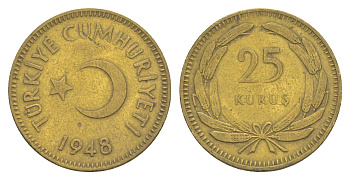 Турция 25 курушей 1948 KM 886 латунь 4647-619