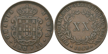 Португалия 20 реалов 1848 Мария II (1834-1853) KM 482 медь    4552-525