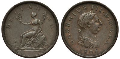 Великобритания 1 пенни 1806 Георг III (1760-1820) KM 663, Spink 3780 медь 1524-1323