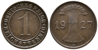 ГЕРМАНИЯ 1 РЕЙХСПФЕННИГ 1927 F KM 37, J. 313 бронза 39-954