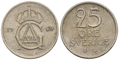 Швеция 25 эре 1969 Густав VI Адольф (1950-1973) KM 836 медно-никель 4609-1069