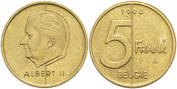 БЕЛЬГИЯ 5 ФРАНКОВ 1994 BELGIE, АЛЬБЕРТ II (1993-) KM 190 алюминиевая бронза 106-557