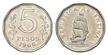 Аргентина 5 песо 1966 KM 59 сталь плакированная никелем 4636-321