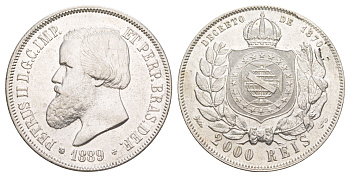 Бразилия 2000 реалов 1889 Педро II (1831-1889) KM 485 серебро 00-804-17