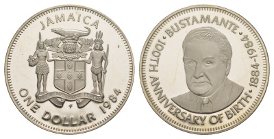 Ямайка 1 доллар 1984 100 лет со дня рождения Александра Бустаманте, тираж 268 экземпляров KM 113 медно-никель PROOF 1521-434