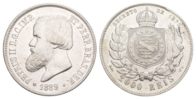 Бразилия 2000 реалов 1889 Педро II (1831-1889) KM 485 серебро 00-804-17