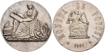 Боливия медаль 1901 moneda de potosi, богиня справедливости с мечом, муза истории, диаметр 47 мм., вес 53 гр. белый металл 00-00