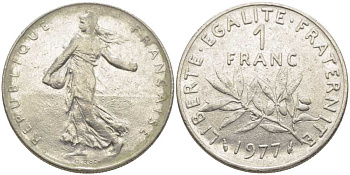 ФРАНЦИЯ 1 ФРАНК 1977 СЕЯТЕЛЬ KM 925.1, LE FRANC 226.22 никель 175-542