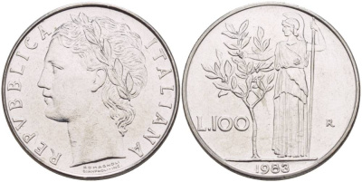 ИТАЛИЯ 100 ЛИР 1983 R, АФИНА У ОЛИВКОВОГО ДЕРЕВА KM 96.1 нержавеющая сталь 4545-724