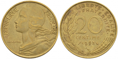 ФРАНЦИЯ 20 САНТИМОВ 1963 KM 930 медь алюминий никель 3856-1111