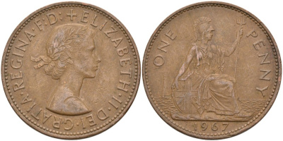 Великобритания 1 пенни 1967 Елизавета II (1952-2022) KM 897, Spink 4157 бронза 4574-325
