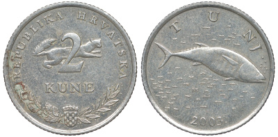 Хорватия 2 куны 2003 тунец, легенда на хорватском KM 10 медно-никель 4513-843