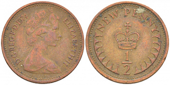 Великобритания 1/2 пенни 1974 Елизавета II (1952-2022) KM 914, Spink 4239 бронза 3851-1159