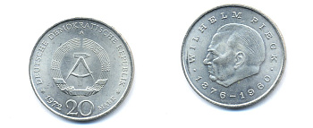 ГДР 20 марок 1972 А, Вильгельм Пик (1876-1960) KM 42 медно-никель 3333-416