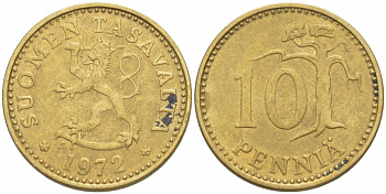 ФИНЛЯНДИЯ 10 ПЕННИ 1972 S КМ 46 алюминиевая бронза 3309-268