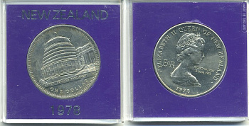 Новая Зеландия 1 доллар 1978 25 лет коронации Елизаветы II и открытие здания Парламента, Елизавета II (1952-2022), в оригинальной пластиковой упаковке KM 47 медно-никель UNC 3-4-5-43