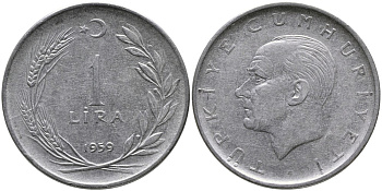 Турция 1 лира 1959 Мустафа Кемаль Ататюрк KM 889а.1 нержавеющая сталь 4541-233