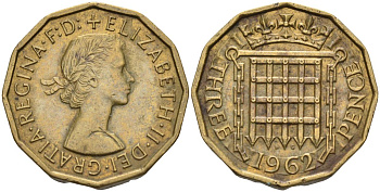 Великобритания 3 пенса 1962 Елизавета II (1952-2022) KM 900, Spink 4153 никель латунь 4126-332