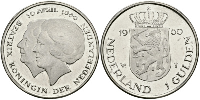 Нидерланды 1 гульден 1980 на коронацию Беатрикс, 30 апреля 1980 KM 200 никель 94-715