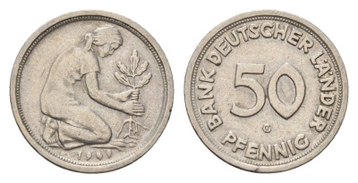 ФРГ 50 пфеннигов 1949 G KM 104, J. 379 медно-никель 4618-1259