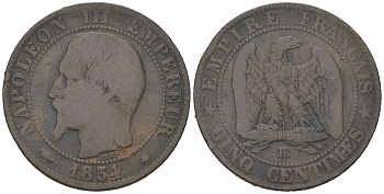 Франция 5 сантимов 1854 BB, Наполеон III (1852-1870) KM 777.3 бронза 4586-415