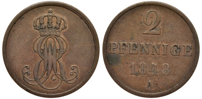 Ганновер 2 пфеннига 1848 A, Эрнст Август (1837-1851) KM 202.2, AKS 125, J. 75 медь 75-1921