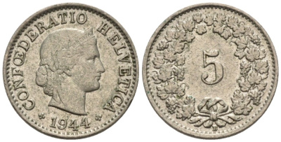 Швейцария 5 раппенов 1944 В KM 26 медно-никель 4576-925
