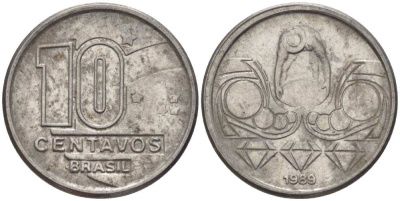 Бразилия 10 сентаво 1989 золотодобыча KM 613 нержавеющая сталь 116-1049