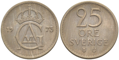 Швеция 25 эре 1973 U, Густав VI Адольф (1950-1973) KM 836 медно-никель UNC 187-842